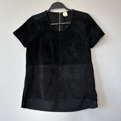 Ecru Medium Black 100% Genuine Suede Front Short Sleeve Top
