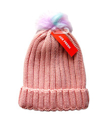 Beanie Hat Girl's Pink L/XL 10 - 14 Winter Acrylic Ribbed Cuff Pom Pom NWT