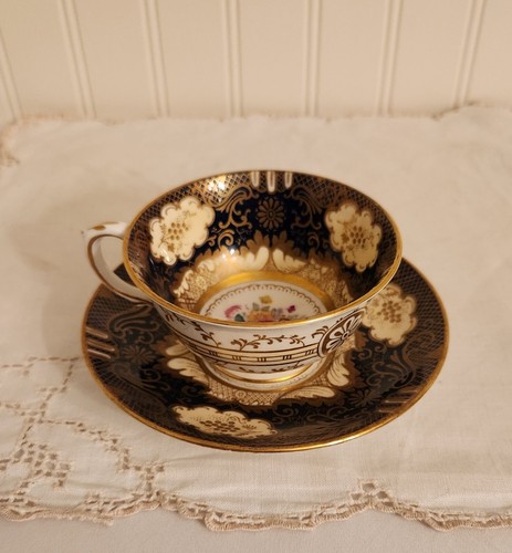 Vintage Crown Staffordshire Tea Cup & Saucer Cobalt Blue Pink Rose Gold Gilt - Picture 6 of 16