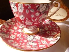 SHELLEY  RED TAPESTRY ROSE  CHINTZ  * RIPON * FOOTED  CUP and SAUCER  #14284