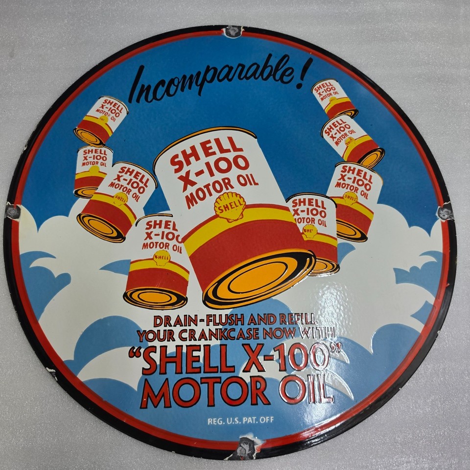 Shell Oil Logo Shell Logo SHELL X-100 29 X 29 INCHES PORCELAIN ENAMEL SIGN | eBay