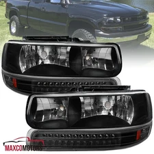 Black Headlights+LED Bumper Lamps Fits 1999-2002 Chevy Silverado 00-06 Suburban