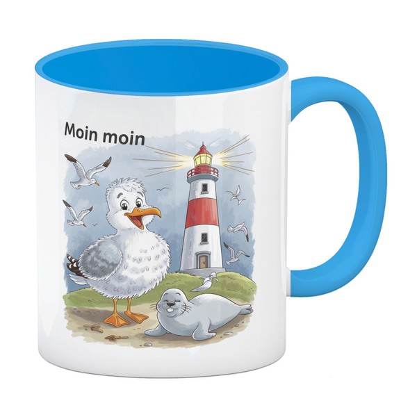 FröHliche MöWe Und Leuchtturm Kaffeebecher In Hellblau - Moin Moin-image