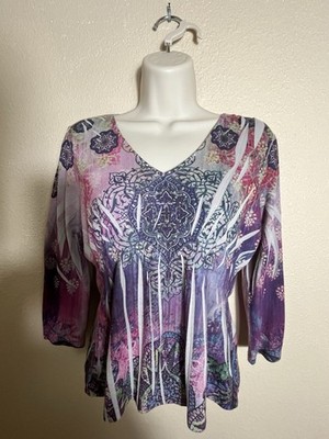 Unity World Wear Embellished Tee SZ PM V Neck 3/4 Sleeve Rhinestones