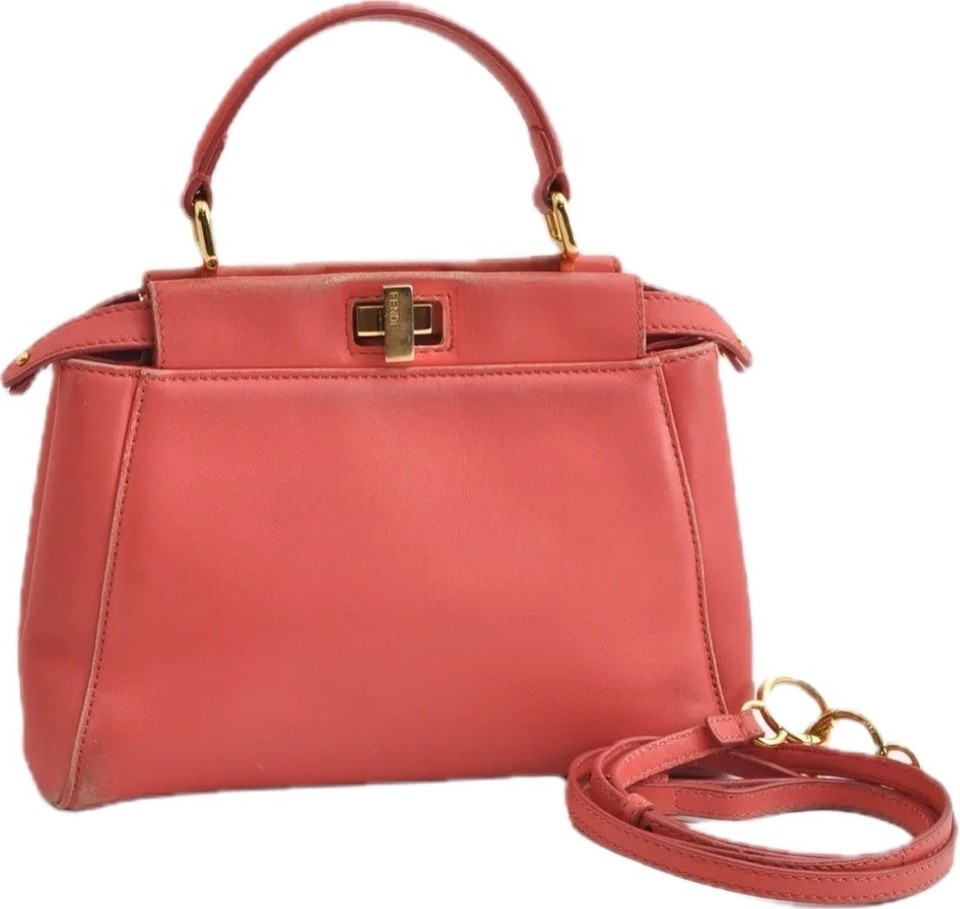 Authentic FENDI Peekaboo Mini Shoulder Hand Bag  Leather Pink GHW SLIGHT DAMAGE