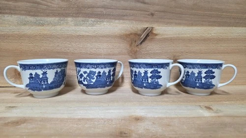 Lot of 4 Johnson Brothers Willow Blue 2 5/8" Flat Cup Coffee/Tea Mug ENGLAND