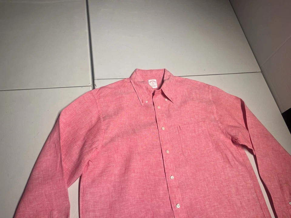 Brooks Brothers Shirt Men’s Medium Red Coral Button Up Linen Dress Casual - Image 3 of 4