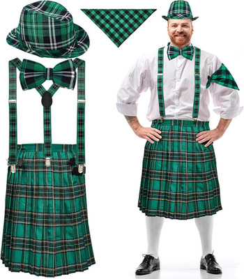6 Pcs St Patrick s Day Plaid Kilt Outfit Set Hat Bow Tie Socks Suspenders Unisex