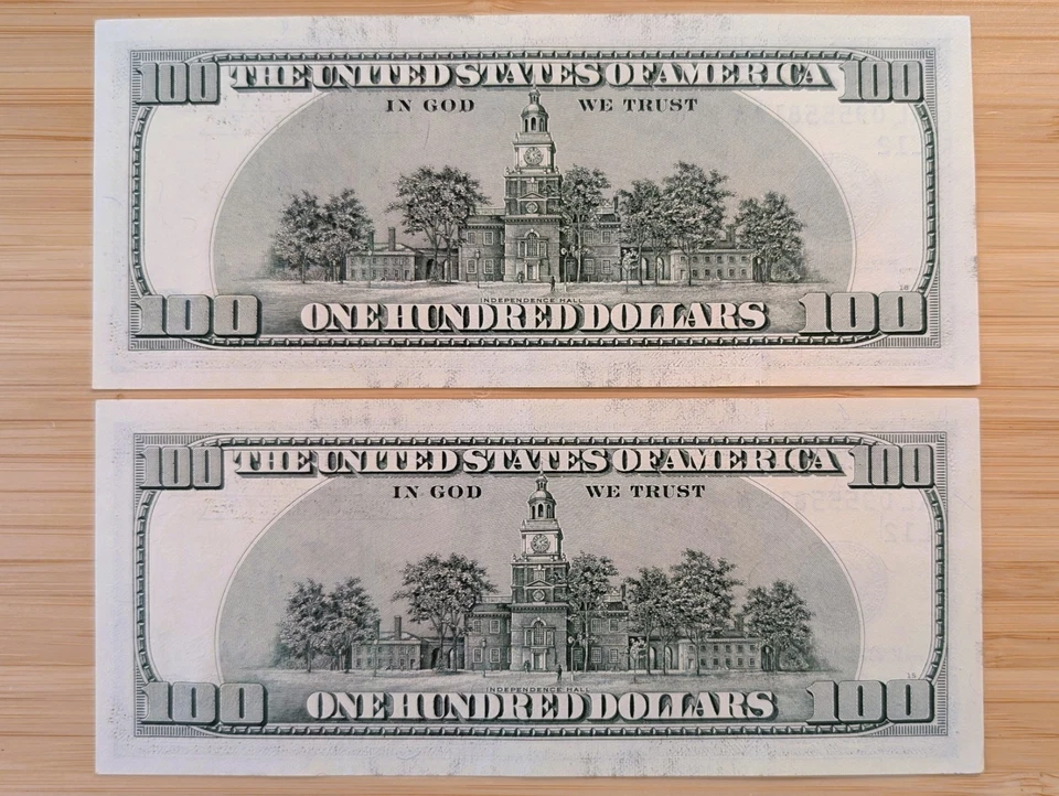 Lot of 2 Consecutive US $100 Dollar Bills 2006-A *555* Over-Inking Error - Image 3 of 4