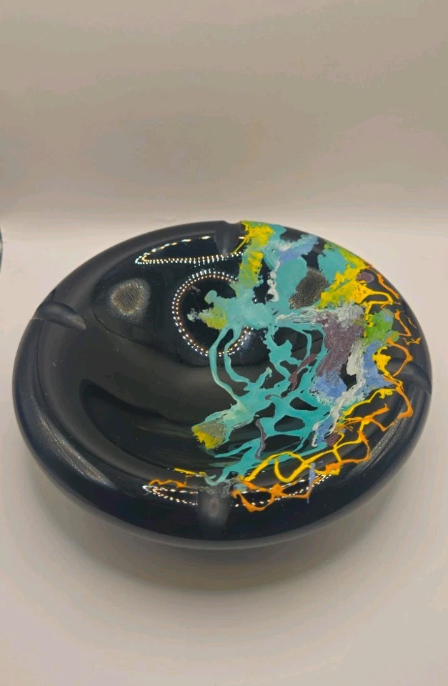Large Black Glass Ashtray Wth Multi Coloured Splash Decoration.  Contemporary. - Image 2 of 4