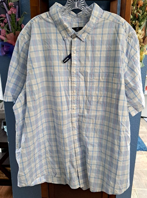 George Men's 3X White Blue Plaid Short Sleeve Shirt Classic Fit Stretch Fabric