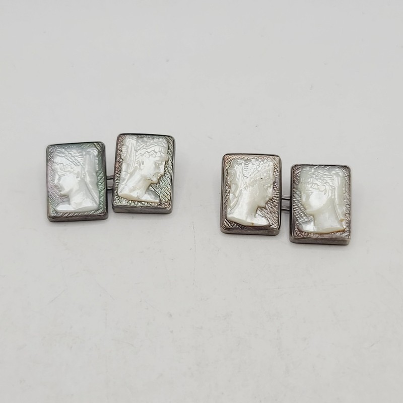 Vintage Carved Mother of Pearl Cameo Cufflinks Rectangular Silver Tone Men's