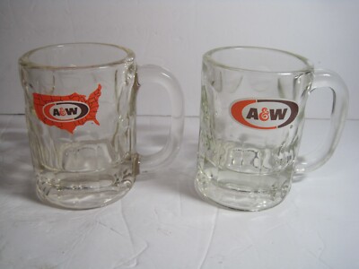 lot of 2, Vintage A&W Logo Large Heavy Glass AW Root Beer Mug 4 1/4 Inch