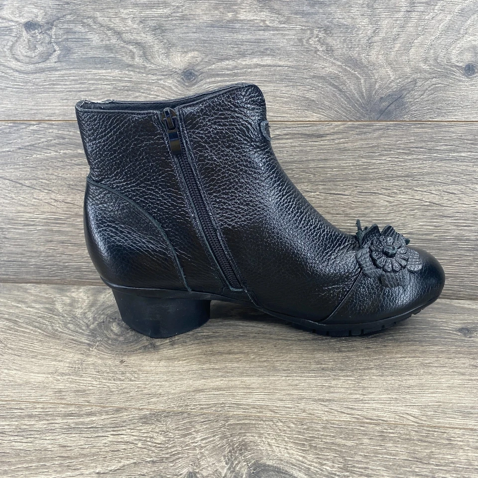 Botines de invierno retro con cremallera de cuero al tobillo flor vintage para mujer talla 8,5 negros Foto 3 de 4