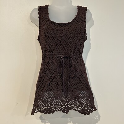 Y2K AB Studio Crochet Top Sz M Brown Boho Hippie Tie Waist Lined Sleeveless