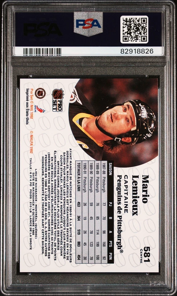 MARIO LEMIEUX PSA 9 1991-92 Pro Set French #581 - Image 2 of 2