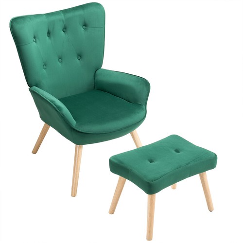 Poltrona con Sgabello da Salotto in Velluto Verde Sedia con Poggiapiedi Moderno - Foto 2 di 10