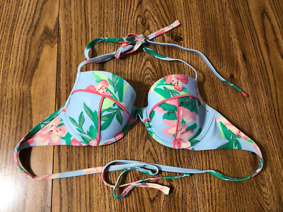 Aerie Sz 34B Swim Suit Top Pink Blue Green Floral String Bikini Halter Tie 