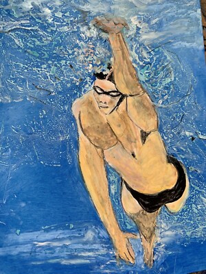 Realistisches Wasserschwimmer Gemälde Schwimmen Blaudruck vom Originalgemälde