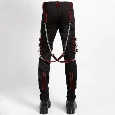 Gothic Men Black Chrome Trousers Punk Rock Studs Metal /Chain Trouser