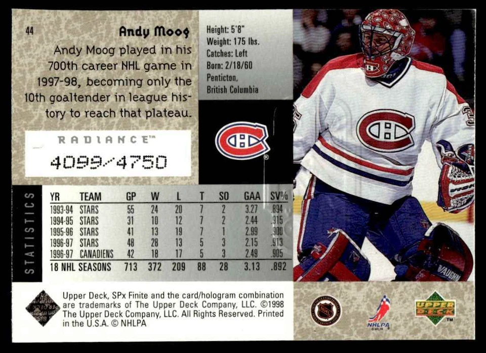 1998-99 SPx Finite Radiance Andy Moog /4750 Montreal Canadiens #44 - Image 2 of 2