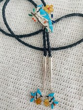 Native American Rare Zuni Randy Pinto Signed Inlay Sterling Blue Jay Bolo Tie