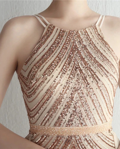 Elegant Gold Sequins Dress Evening Party Women Long Formal Evening Prom Dresses - Picture 21 of 30