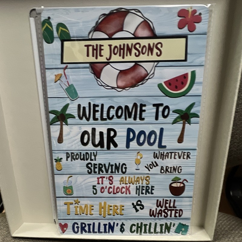 Personalized Welcome to Our Pool Metal Sign Rectangle Vertical Wall Mounted