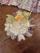 Vintage Christmas Angel Foil Wing Spun Glass Angel Hair Tree Topper Die Cut Gold