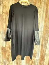 Nine West  Sz 14 Black Shift Dress Faux Leather Sleeve 3/4 Sleeve Knee Length