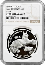 Ukraine 10 Hrywen 2001, NGC PF69 UC, "Flora und Fauna - Eurasische Luchs"