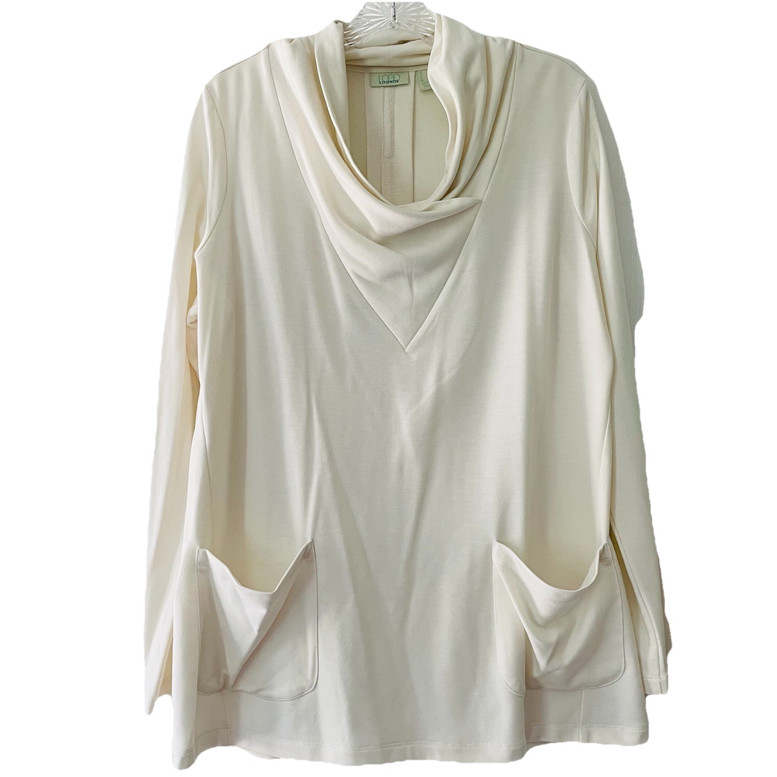 LOGO Lori Goldstein Women’s Size Large French Terry Cowl Neck Top Pockets Tunic