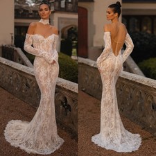 Berta Lace Mermaid Dresses Off Shoulder Sleeves Wedding Dress sweep train 