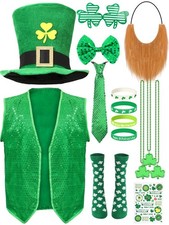 15 Pcs St Patrick's Day Costume Set Sequin Vest Shamrock Leprechaun Hat Tattoo..