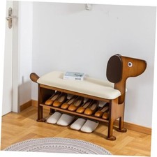Shoe Bench with Cushion, 2-Tier Dog Entryway Bench Cute, 31.5 inches Beige-dog