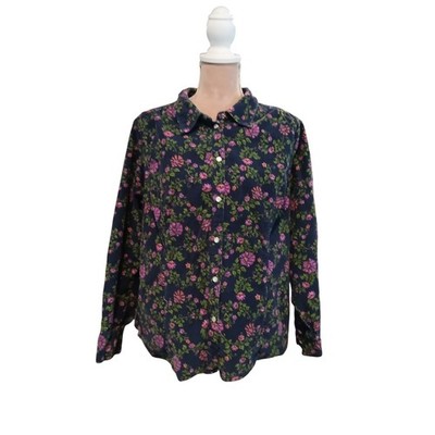 Vtg Basic Editions Womens 1X Floral Corduroy Button Down Shirt Blue Cottagecore