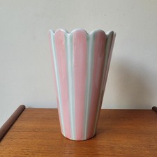 M&S Cottagecore Pink Green Stripe Scalloped Petal Vase Ceramic Floral Home Decor