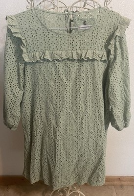 Cupio Blossom Sleeve Sage Green Eyelet Floral Dress Women's Size Large