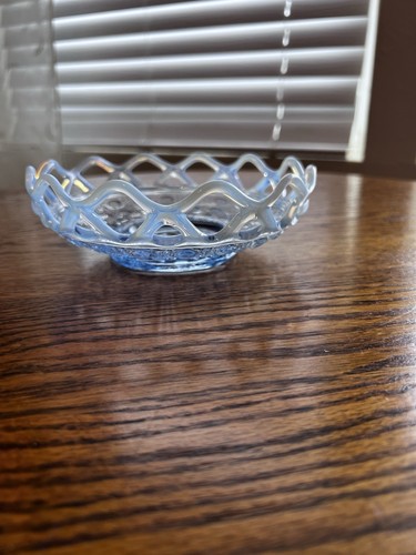 Vintage Imperial Glass Katy Blue Opalescent Lace Edge Bowl Cane Button 6.5” - Picture 4 of 5