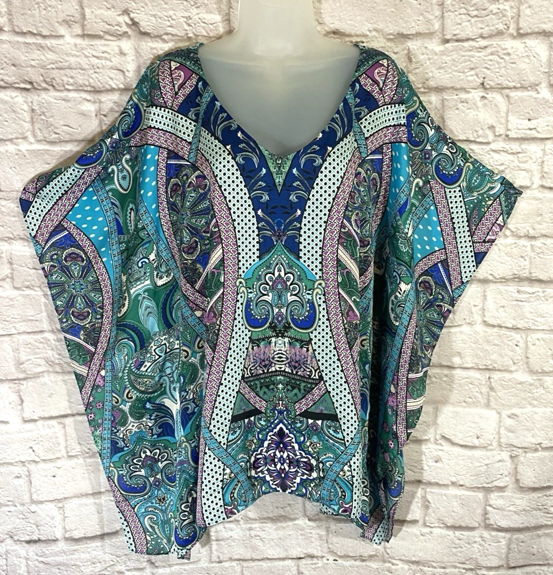 CHICOS Caftan Kaftan Poncho Top S/M Relaxed Loose Pullover Resortwear Cruise