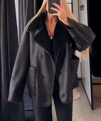 ZARA DOUBLE-FACED BLACK FAUX SHEARLING FUR LAPEL
