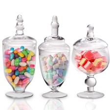 Set of 3 Clear Glass Apothecary Jars With Lids Candy Buffet Bathroom Storage