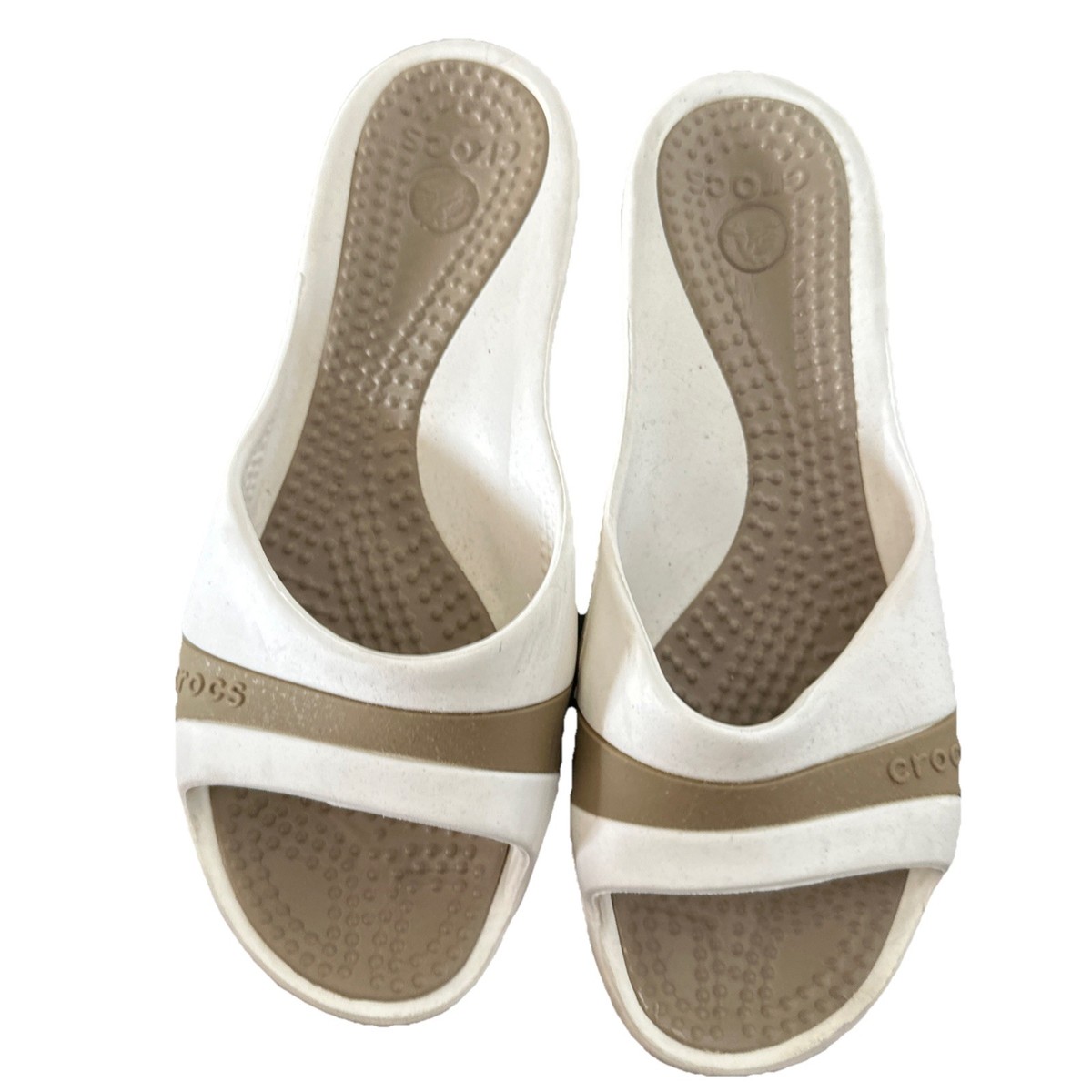 crocs / sassari  W7 (23cm)　white/silver CROCS Sassari Tan & White Wedge Sandals Heels Open Toe Slip On