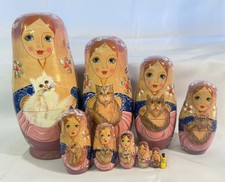 VINTAGE HAND PAINTED RUSSIAN MATRYOSHKA NESTING DOLLS CAT LADY 10 PC COMPLETE