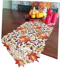 Thanksgiving Harvest Table Runner,Embroidered Cutwork Maple Runner 13"x72"