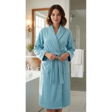 Lands End Womens Robe Bathrobe Long Sleeve Belted Cozy Fleece Blue Size L 14/16