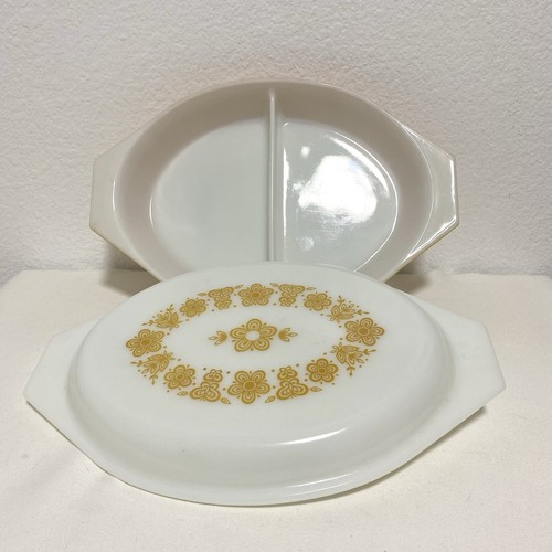 Pyrex Butterfly Gold Divided Casserole Dish Vintage 1970s Mint Condition