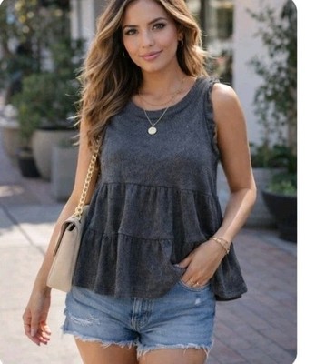 Rabbit Rose Grey Womens Babydoll Ruffled Cap Sleeve Casual Tiered Blouse S