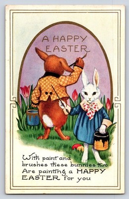 Vintage Easter Bunnies Printed Anthropomorphic Painting Postcard