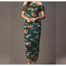 BHLDN Off-Shoulder Gathered Stretch Mesh Slim Midi Dress, Green Pattern, $268.00
